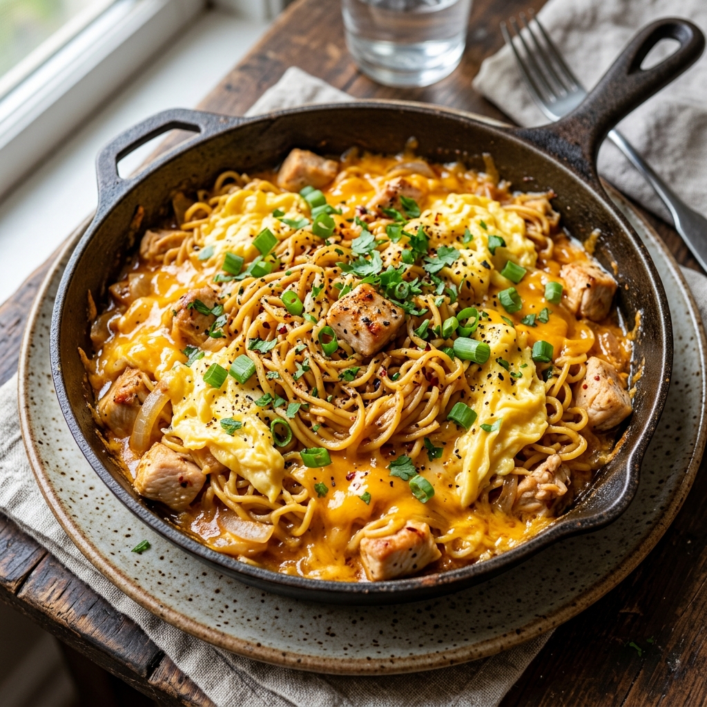 Cheesy Chicken Maggi Skillet with Soft Scrambled Egg