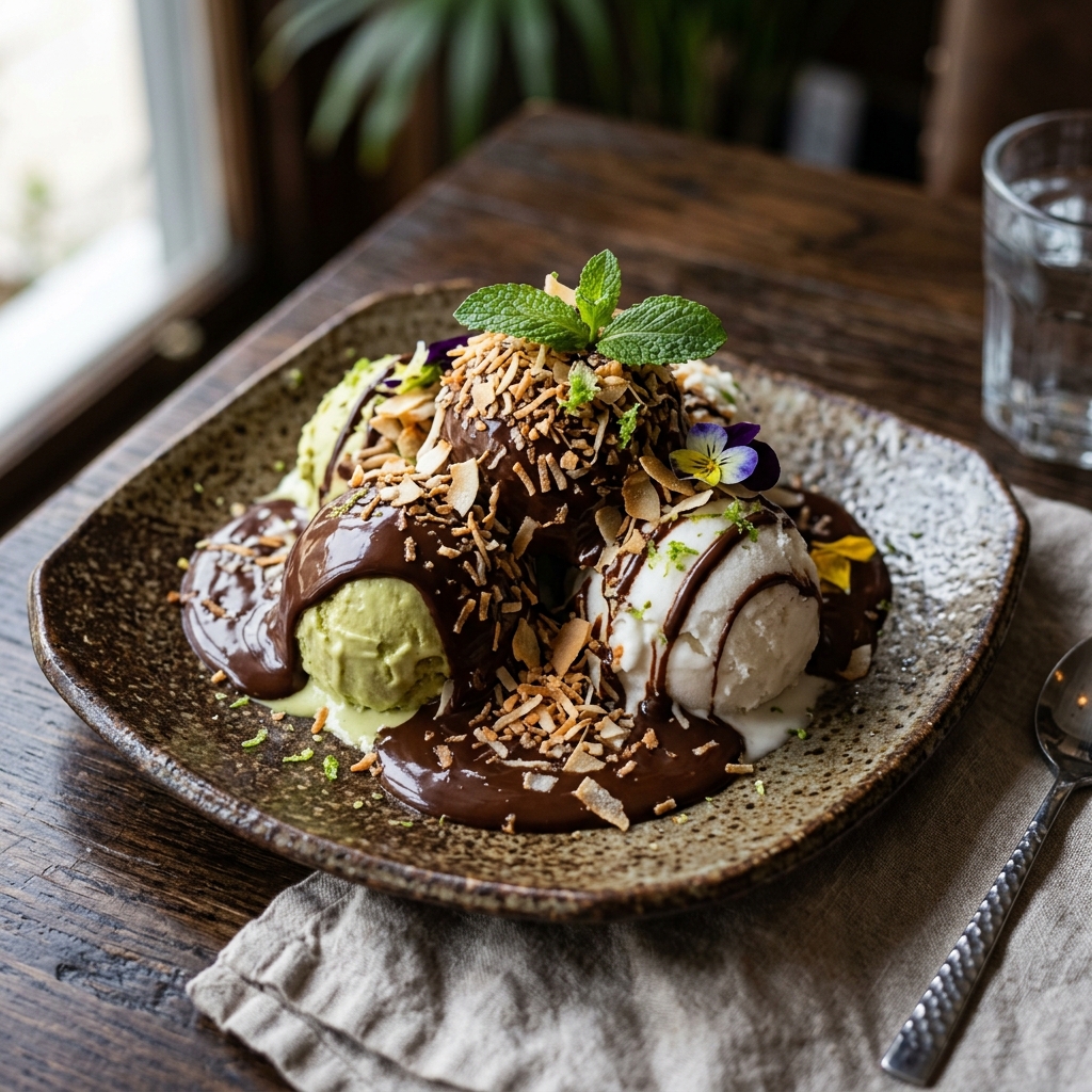 Warm Chocolate Coconut Sundaes with Toasted Coconut Crunch