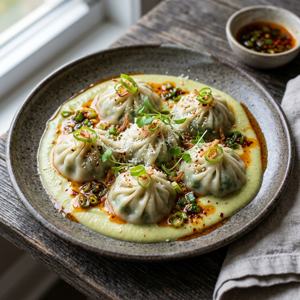 Spinach-Ricotta Valoute Soup Dumplings with Scallion-Chili Butter